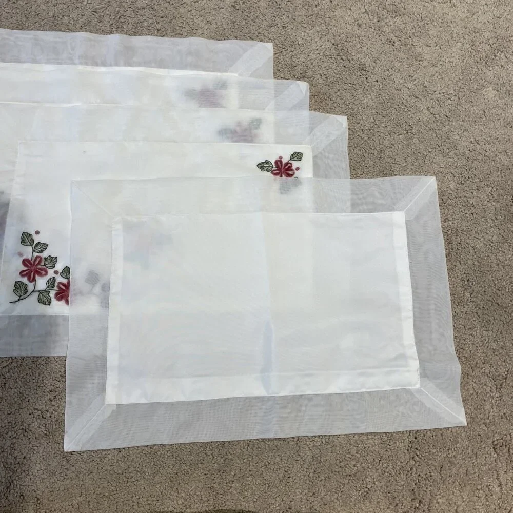 Vintage Embroidered Floral Placemats Sheer White w/ Pink Tufted Roses Set of 4